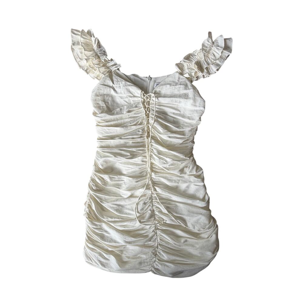 NWT Zara White Ruched Mini Dress Size Small Ruffle Sleeve Lace Up Corset Party
